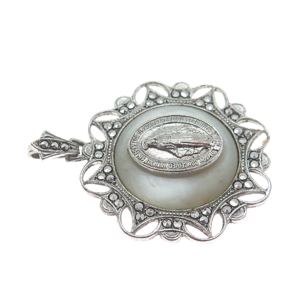 925 Sterling Silver Antique Real MOP & Marcasite Gem St. Mary Religious Pendant