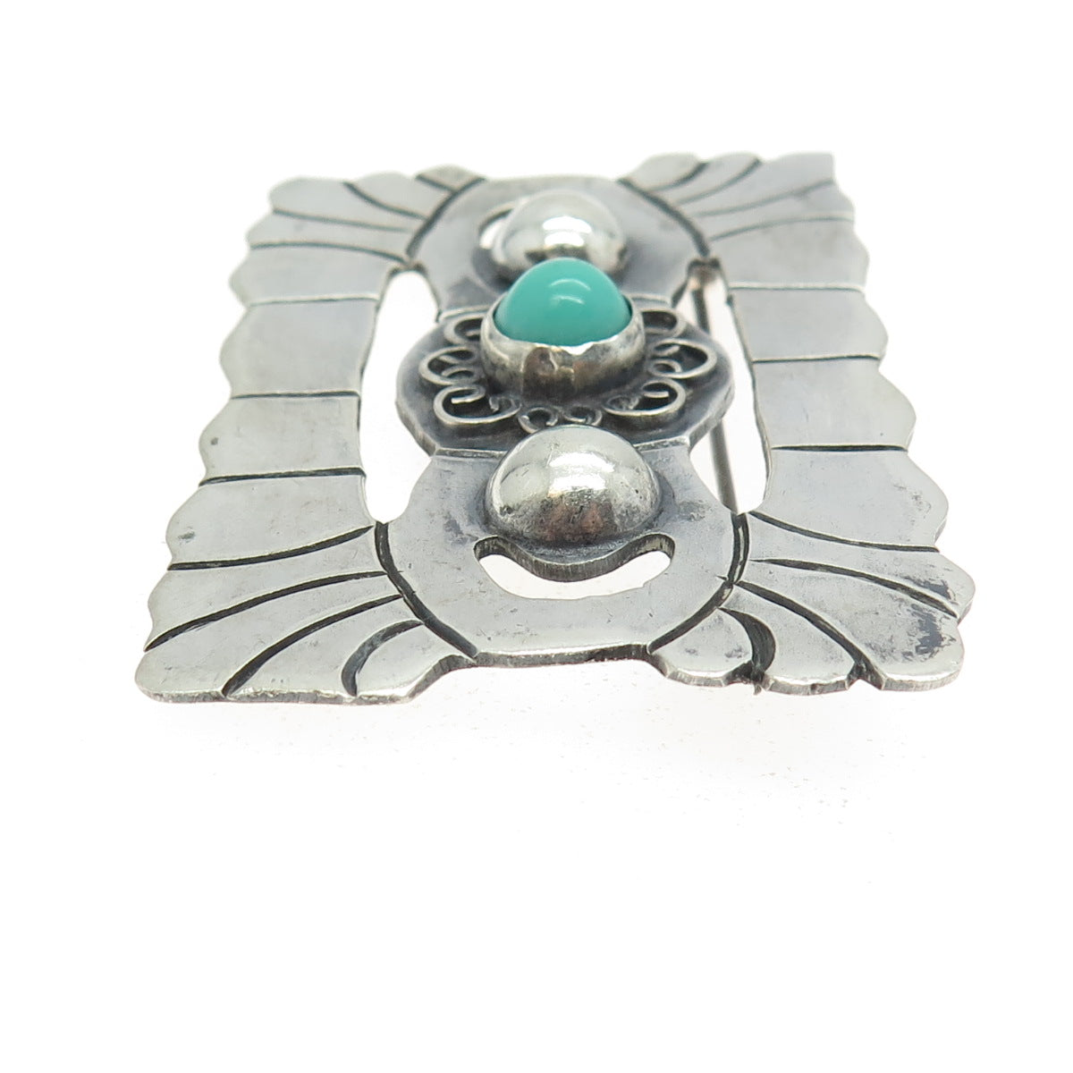 925 Sterling Silver Vintage Mexico Real Turquoise Aztec Tribal Pin Brooch