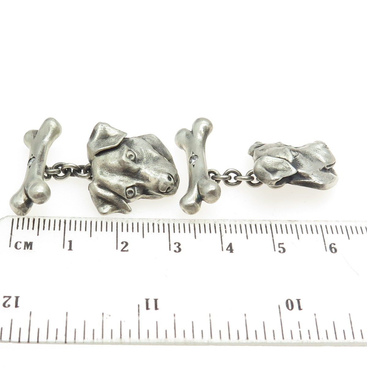 925 Sterling Silver Vintage Real Round-Cut Diamond Jack Russell Cufflinks