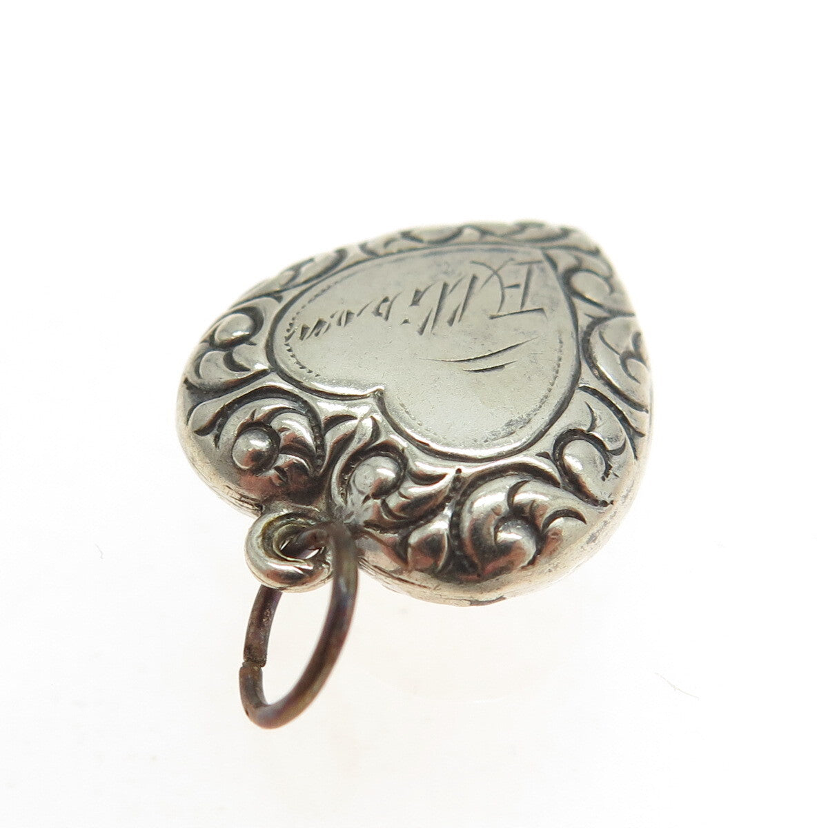 925 Sterling Silver Antique Art Deco Repousse Heart Chatelaine Charm Pendant