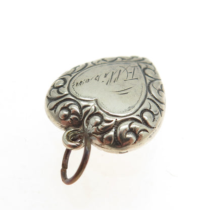 925 Sterling Silver Antique Art Deco Repousse Heart Chatelaine Charm Pendant