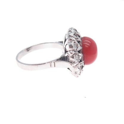 925 Sterling Silver Antique Art Deco Real Diamond & Coral Ring Size 6.25
