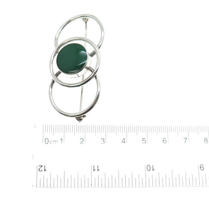 925 Sterling Silver Vintage Mexico Real Green Onyx Interlocked Circle Pin Brooch