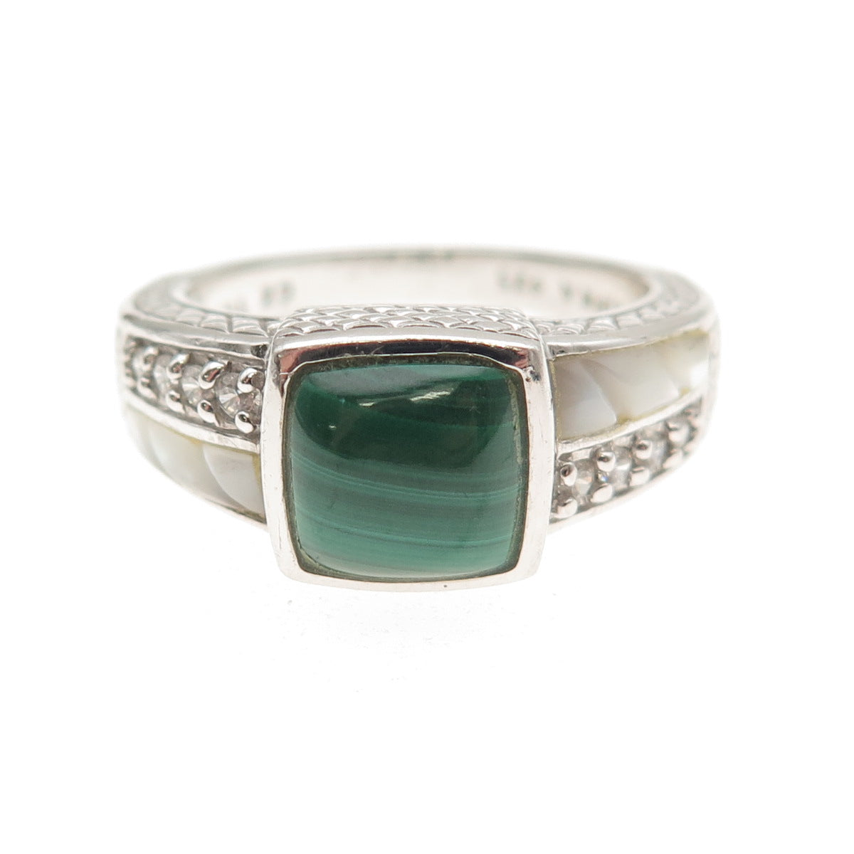 Judith Ripka 925 Sterling Silver Real Malachite MOP & C Z Signet Ring Size 9