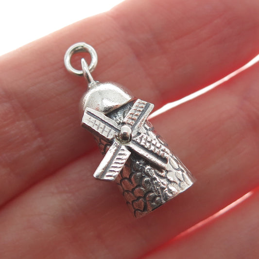 925 Sterling Silver Antique Art Deco Windmill Minimalist 3D Charm Pendant