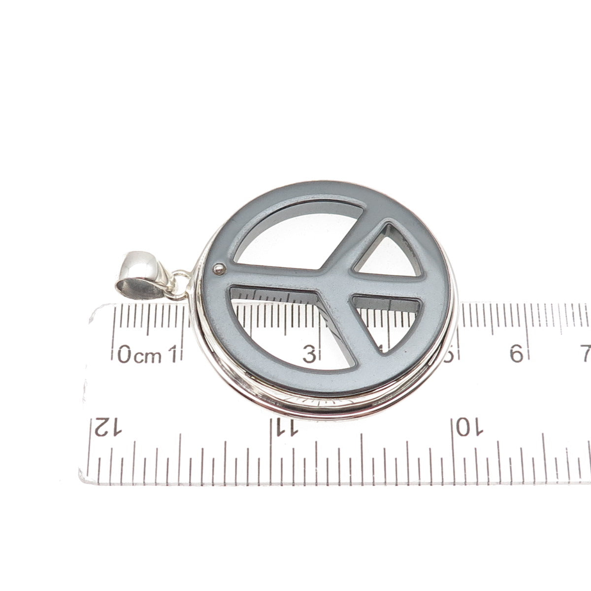 925 Sterling Silver Vintage Real Hematite Peace Symbol Pendant