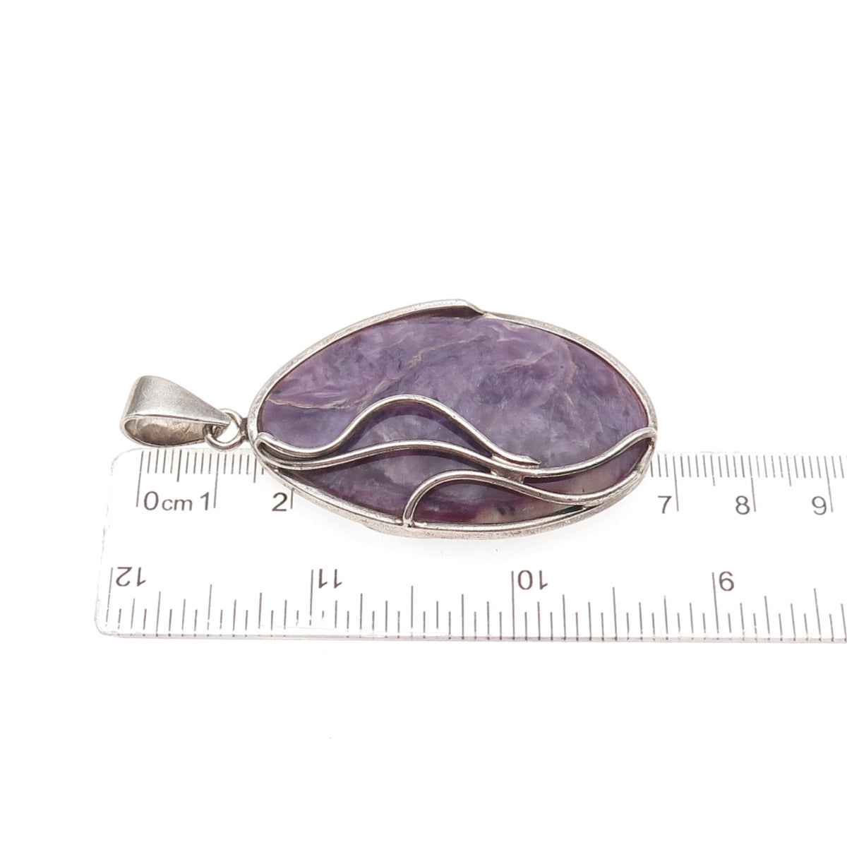 925 Sterling Silver Vintage Real Charoite Modernist Large Pendant