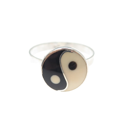 925 Sterling Silver Vintage Black & White Enamel Yin Yang Ring Size 6.25