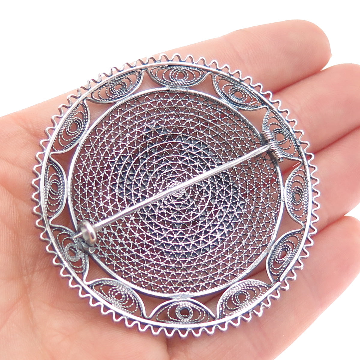 800 Silver Vintage Egypt Storyteller Filigree Oxidized Pin Brooch