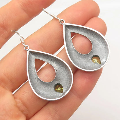 925 Sterling Silver Vintage Real Peridot Gemstone Dangling Hook Earrings