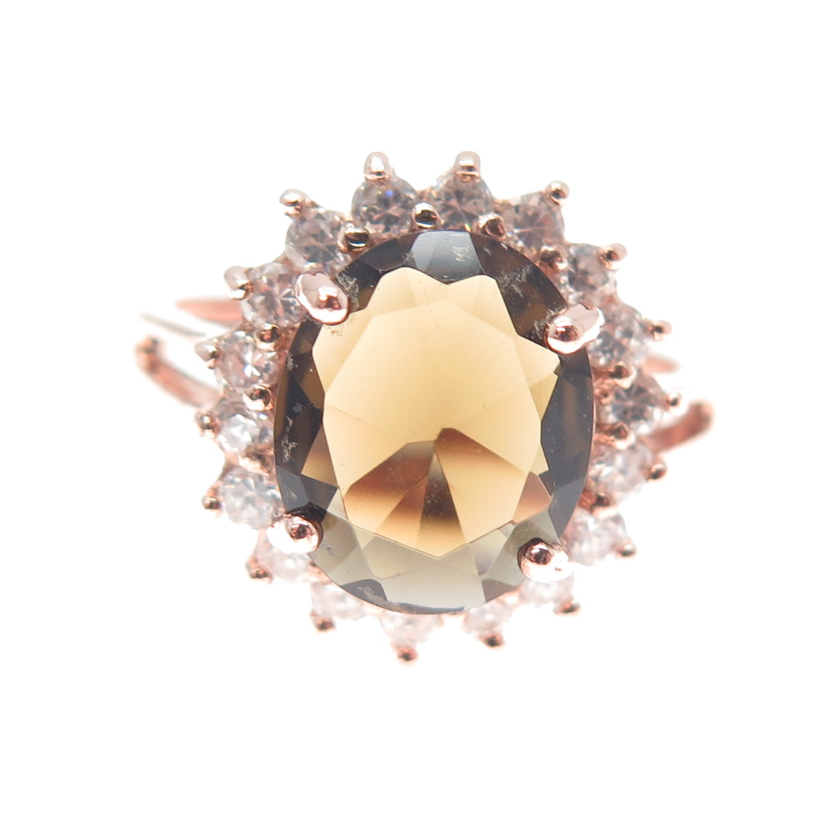 925 Sterling Silver Rose Gold Plated Real Smoky Quartz & C Z Ring Size 8.25