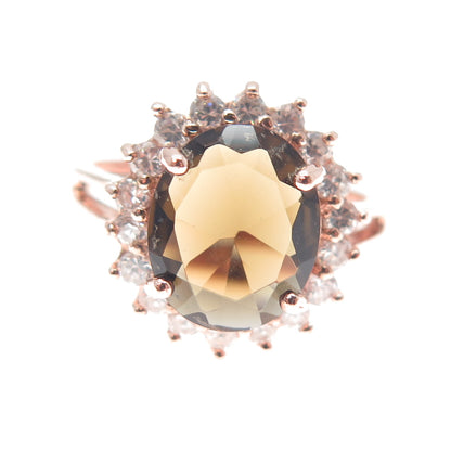 925 Sterling Silver Rose Gold Plated Real Smoky Quartz & C Z Ring Size 8.25