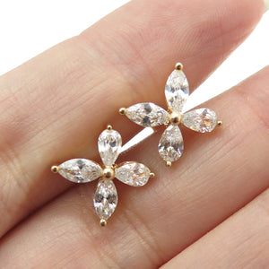 925 Sterling Silver Gold Plated Marquise-Cut C Z Floral Earrings