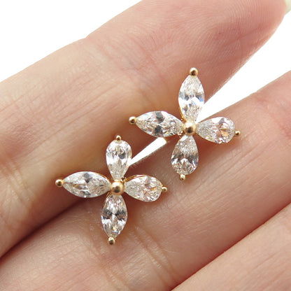 925 Sterling Silver Gold Plated Marquise-Cut C Z Floral Earrings