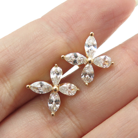 925 Sterling Silver Gold Plated Marquise-Cut C Z Floral Earrings