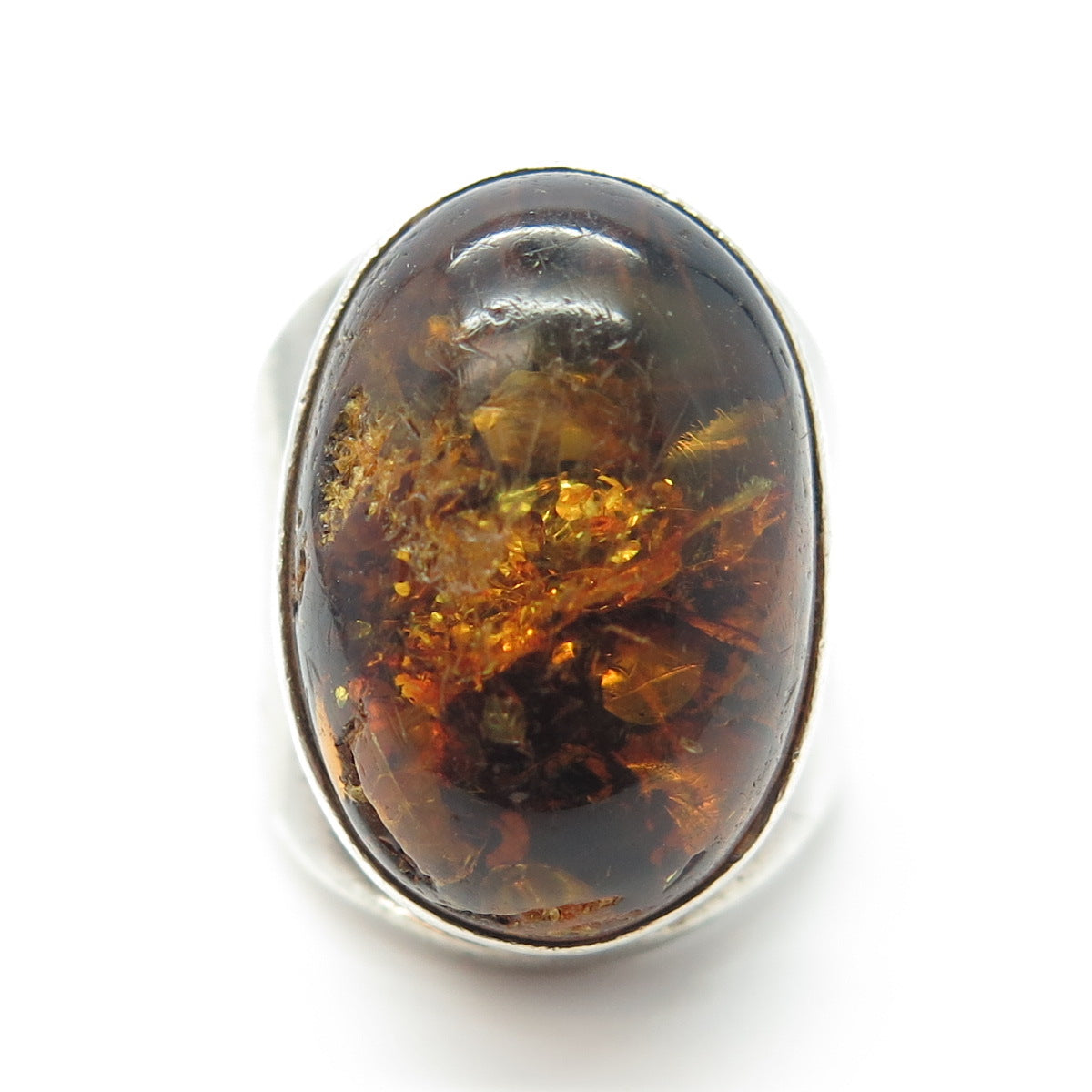 925 Sterling Silver Vintage Real Amber Domed Ring Size 6.75