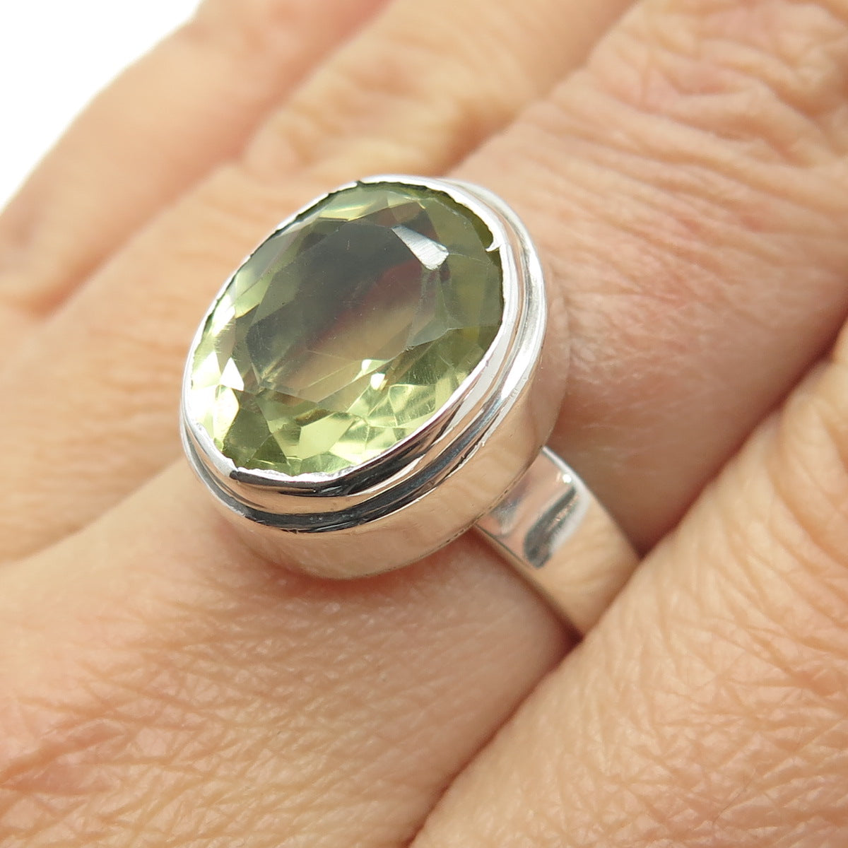 925 Sterling Silver Real Checkered Lemon Citrine Gemstone Dome Ring Size 6.75