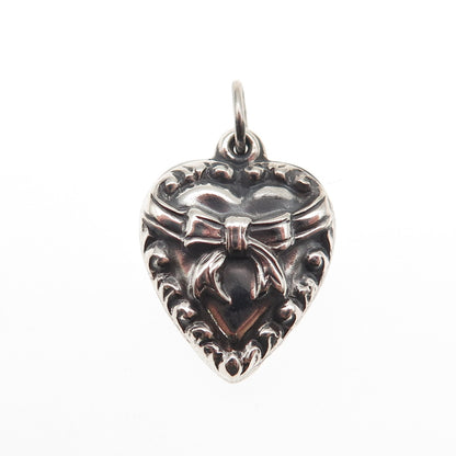 925 Sterling Silver Antique Art Deco Bow Heart Chatelaine Oxidized Charm Pendant