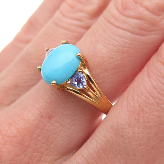 D'Joy 925 Sterling Silver Gold Plated Real Turquoise & Tanzanite Ring Size 8.25