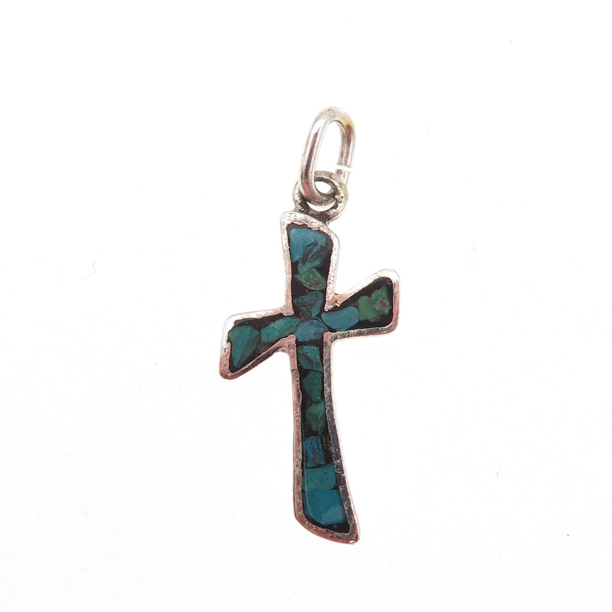 Old Pawn 925 Sterling Silver Vintage Turquoise Inlay Cross Tribal Charm Pendant