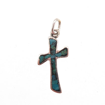 Old Pawn 925 Sterling Silver Vintage Turquoise Inlay Cross Tribal Charm Pendant