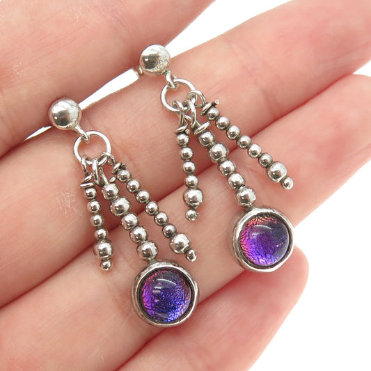 925 Sterling Silver Vintage Roman Glass Beaded Dangling Earrings