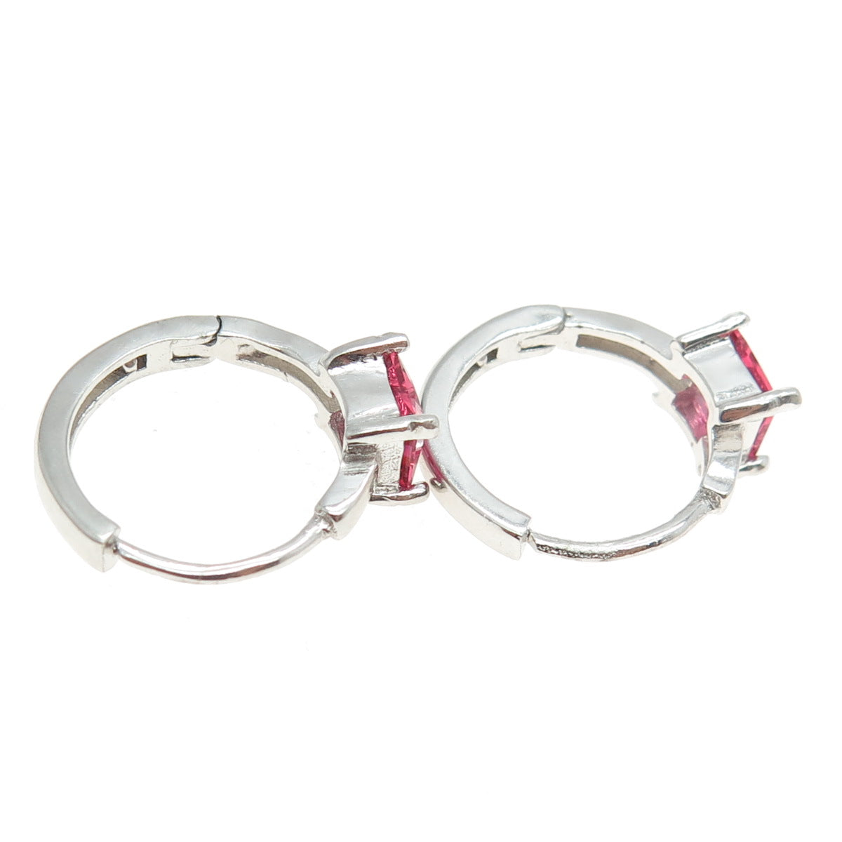 925 Sterling Silver Princess-Cut Pink C Z Hoop Earrings