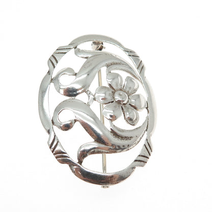 925 Sterling Silver Vintage Flower Blossom Oxidized Pin Brooch