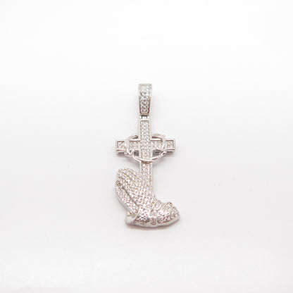 925 Sterling Silver Pave C Z Cross & Hands In Prayer Pendant