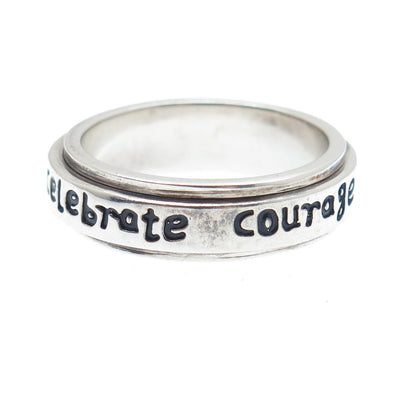925 Sterling Vintage Enamel Celebrate Courage Cancer Ribbon Spin Ring Size 9.25