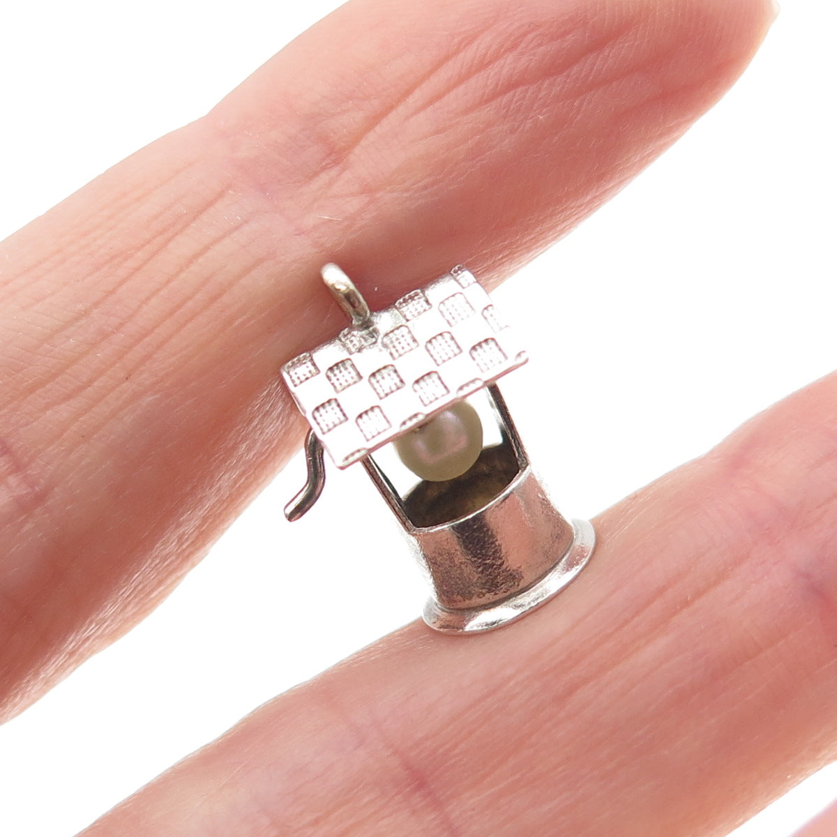 925 Sterling Silver Antique Art Deco Real Pearl Water Well Mini 3D Charm Pendant