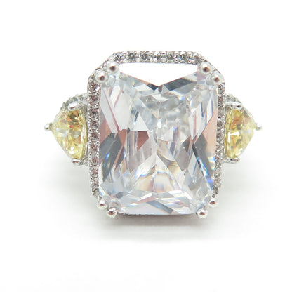 925 Sterling Silver White & Canary C Z Statement Ring Size 7.75
