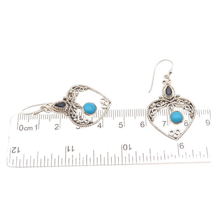 925 Sterling Silver Vintage Real Turquoise Iolite Heart Oxidized Dangle Earrings