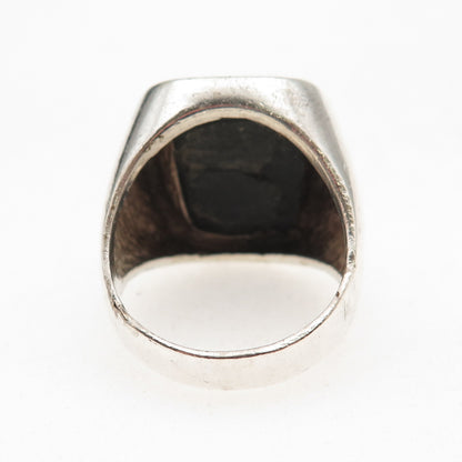 925 Sterling Silver Vintage Real Black Onyx Modernist Oxidized Ring Size 9.75