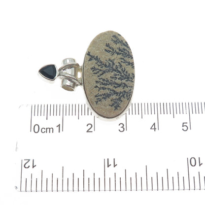 925 Sterling Silver Vintage Real Dendritic Psilomelane & Spinel Slide Pendant