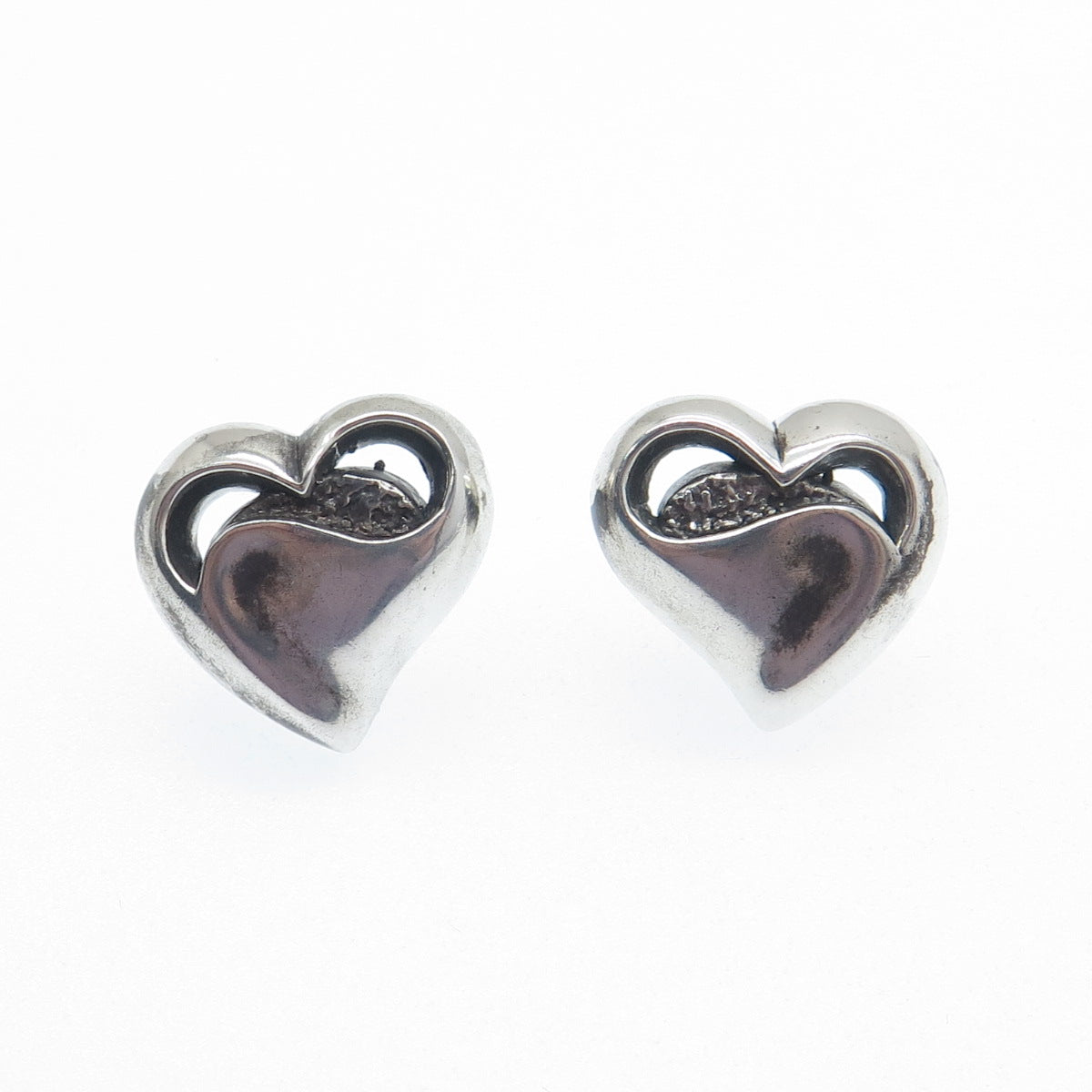 925 Sterling Silver Vintage Modernist Heart Oxidized Stud Earrings