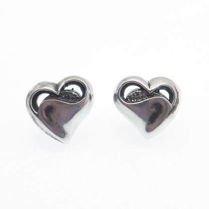 925 Sterling Silver Vintage Modernist Heart Oxidized Stud Earrings