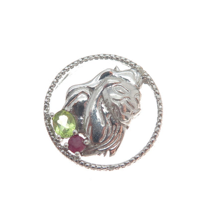 CHUCK CLEMENCY 925 Sterling Vintage Real Diamond Accent & Multi-Gem Lion Pendant