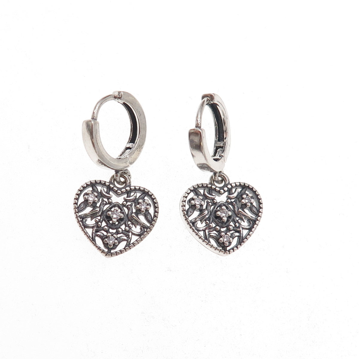 925 Sterling Silver Round-Cut C Z Heart Dangle Charm Hoop Earrings