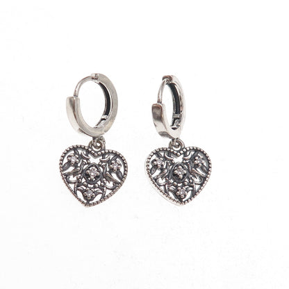 925 Sterling Silver Round-Cut C Z Heart Dangle Charm Hoop Earrings