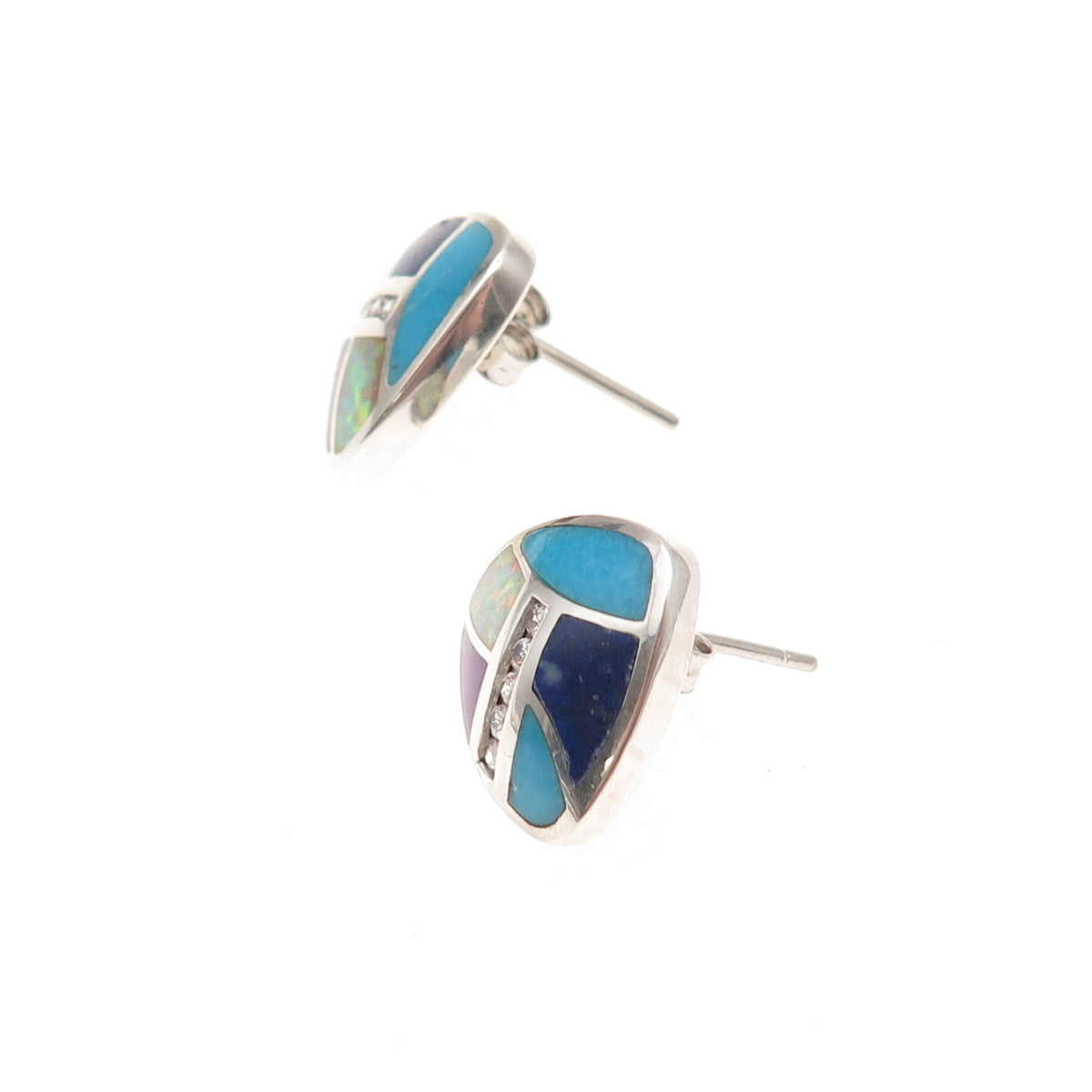 925 Sterling Silver Vintage Real Turquoise Lapis Opal & C Z Stud Earrings