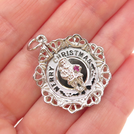 925 Sterling Silver Vintage Pink Rhinestone Merry Christmas Santa Charm Pendant