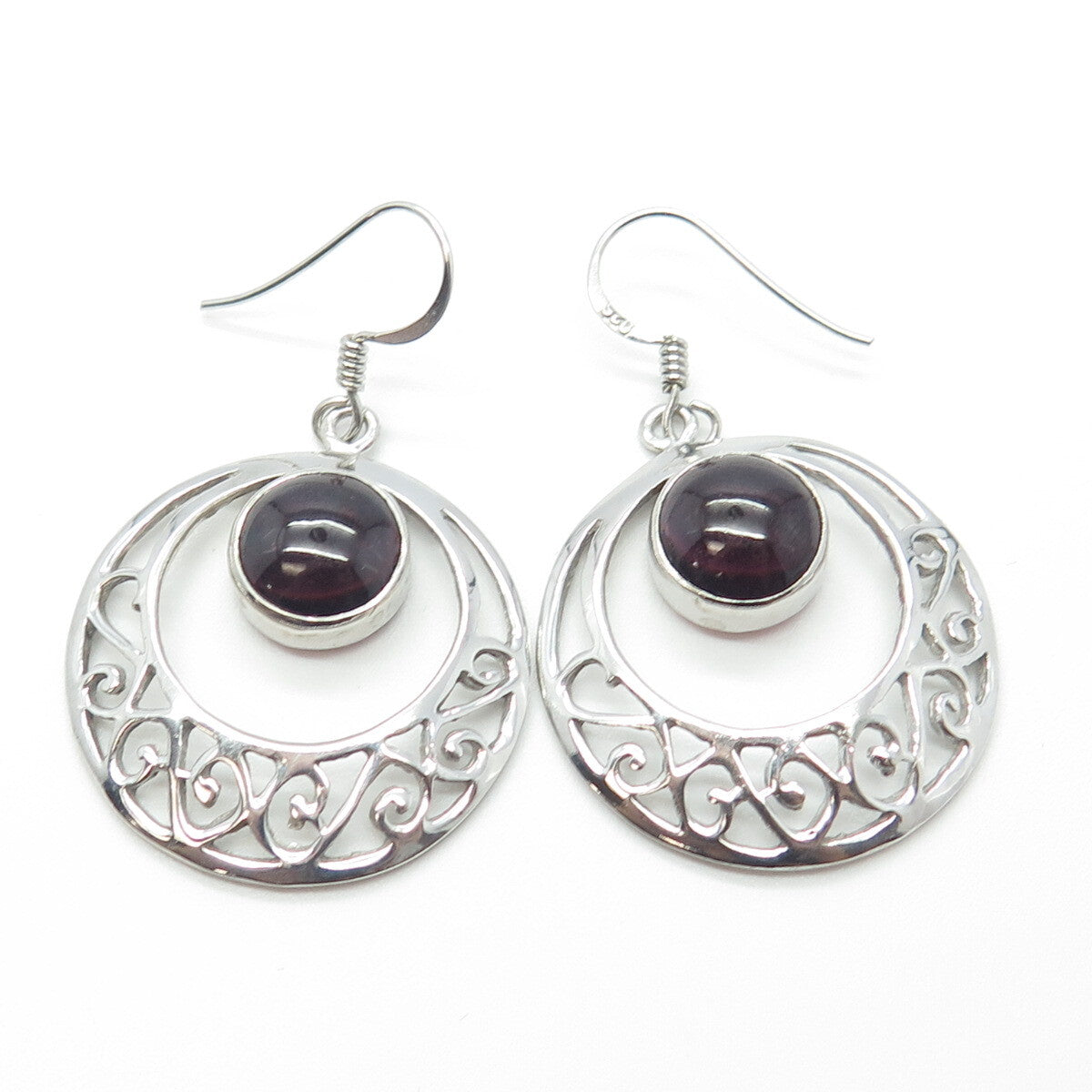 925 Sterling Silver Vintage Real Tourmaline Gemstone Ornate Hook Earrings