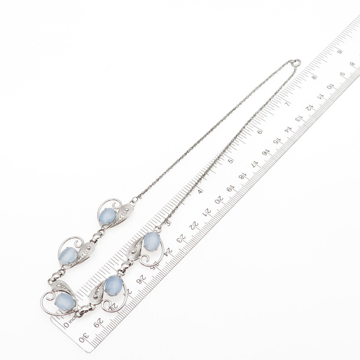 925 Sterling Silver Antique Art Deco Apalite Filigree Chain Necklace 16"