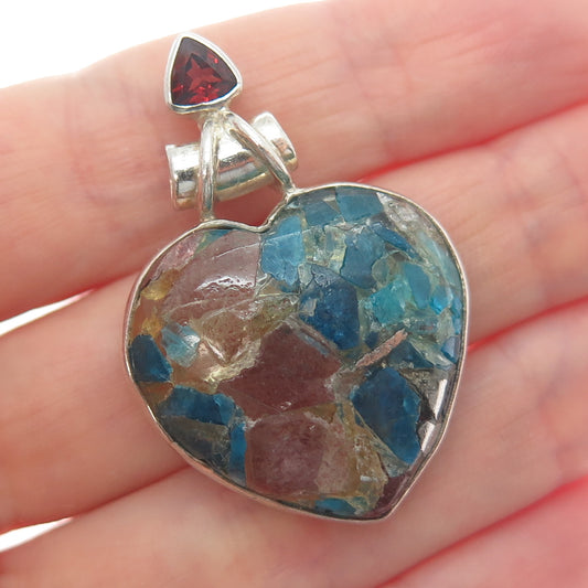 925 Sterling Silver Vintage Multi-Color Tourmaline Inlay & Garnet Heart Pendant