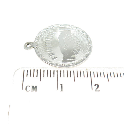 925 Sterling Silver Vintage "Friendship" Handshake Round Pendant