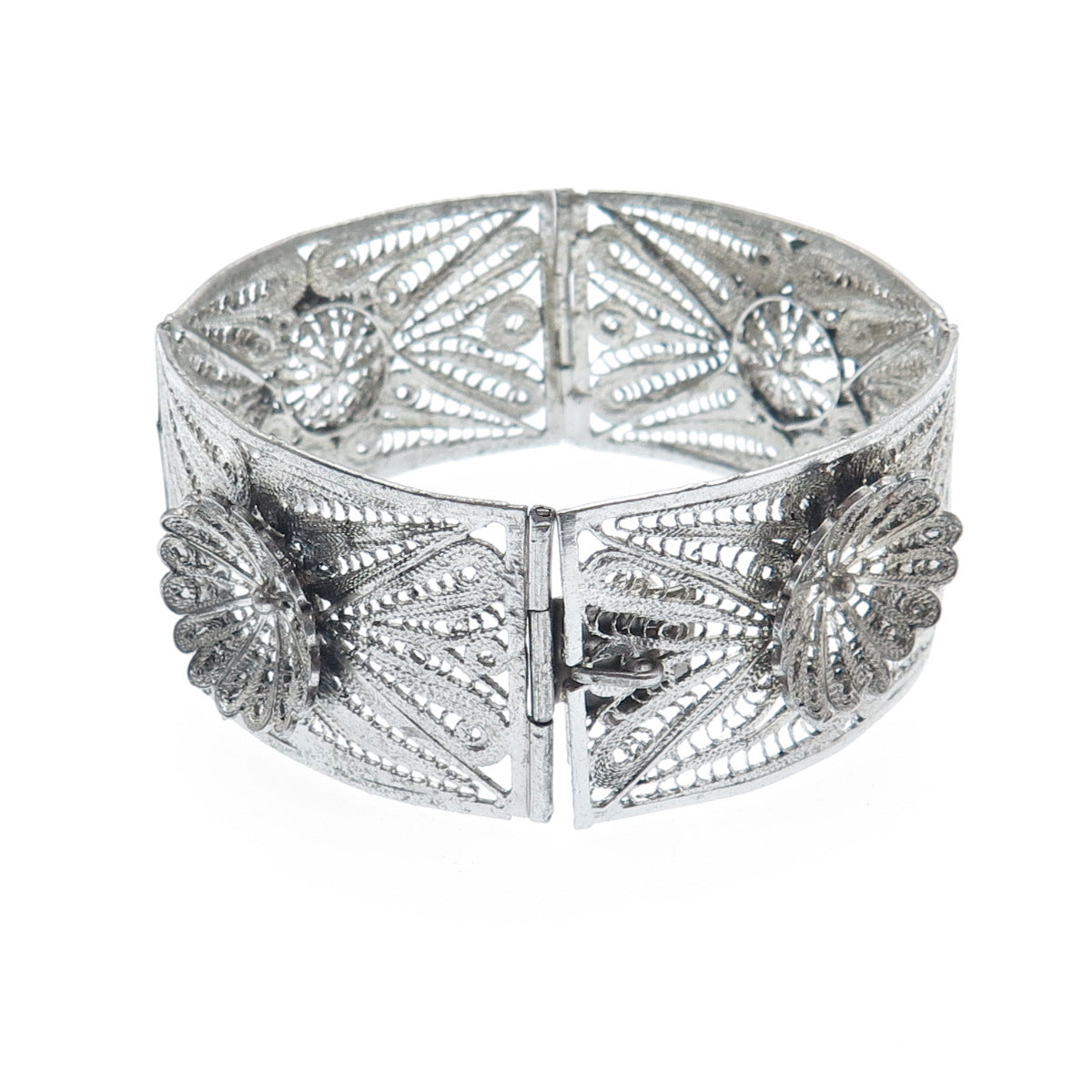 925 Sterling Silver Vintage Mexico Flower Filigree Panel Link Bracelet 7.25"