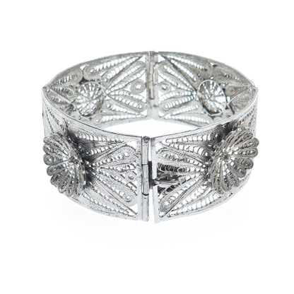 925 Sterling Silver Vintage Mexico Flower Filigree Panel Link Bracelet 7.25"