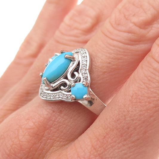 Chuck Clemency 925 Sterling Silver Real Turquoise & White Topaz Ring Size 8