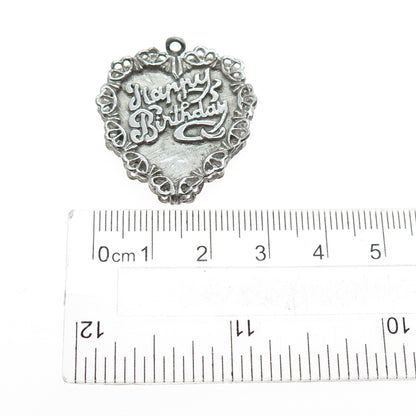 925 Sterling Silver Vintage Happy Birthday Heart Oxidized Charm Pendant